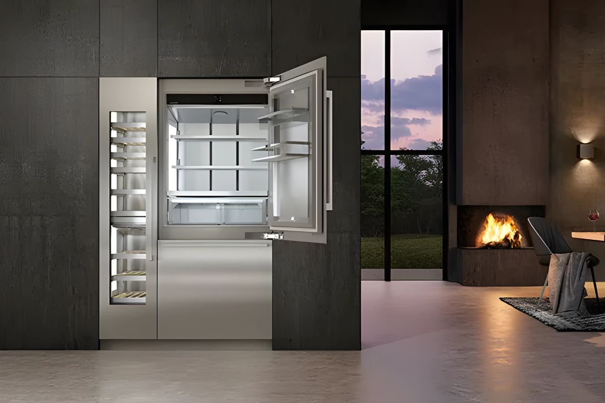 Modern kitchen with an open stainless steel fridge against dark walls. A fireplace glows warmly to the right, next to a dining area with large windows.