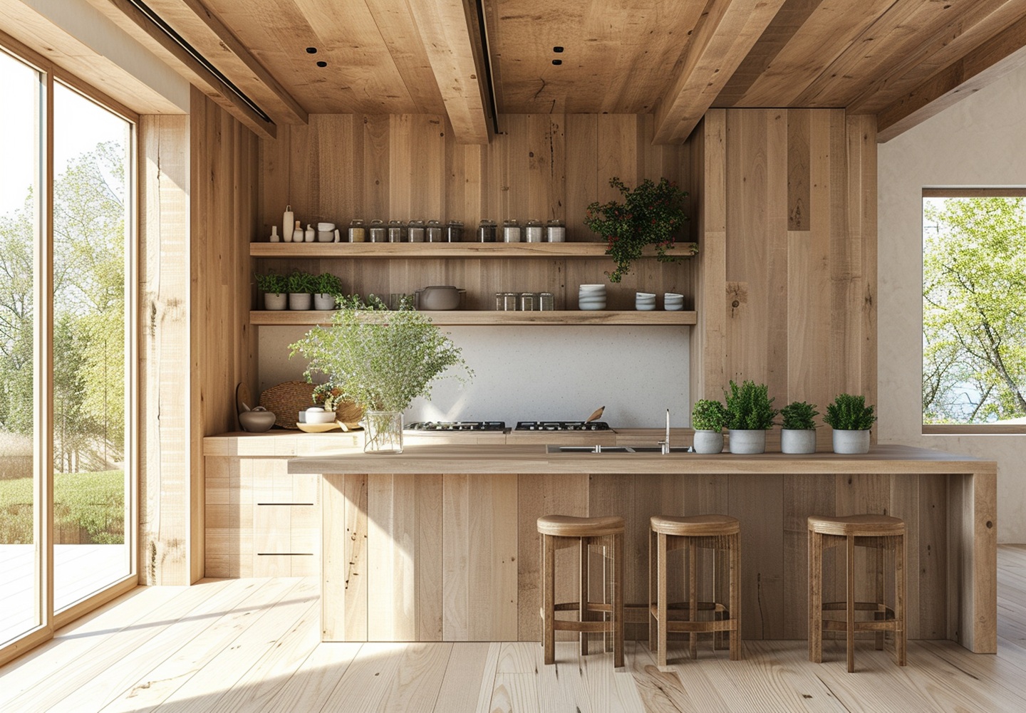 Bright wooden kitchen with large windows, light wood cabinets, open shelves with jars, a sleek counter with bar stools, plants, and a serene outdoor view.