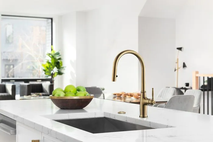 Elba GH-6097-GB Mixer Tap from MVP Appliances with a gold finish works as an accent piece for modern kitchen sinks in Dubai