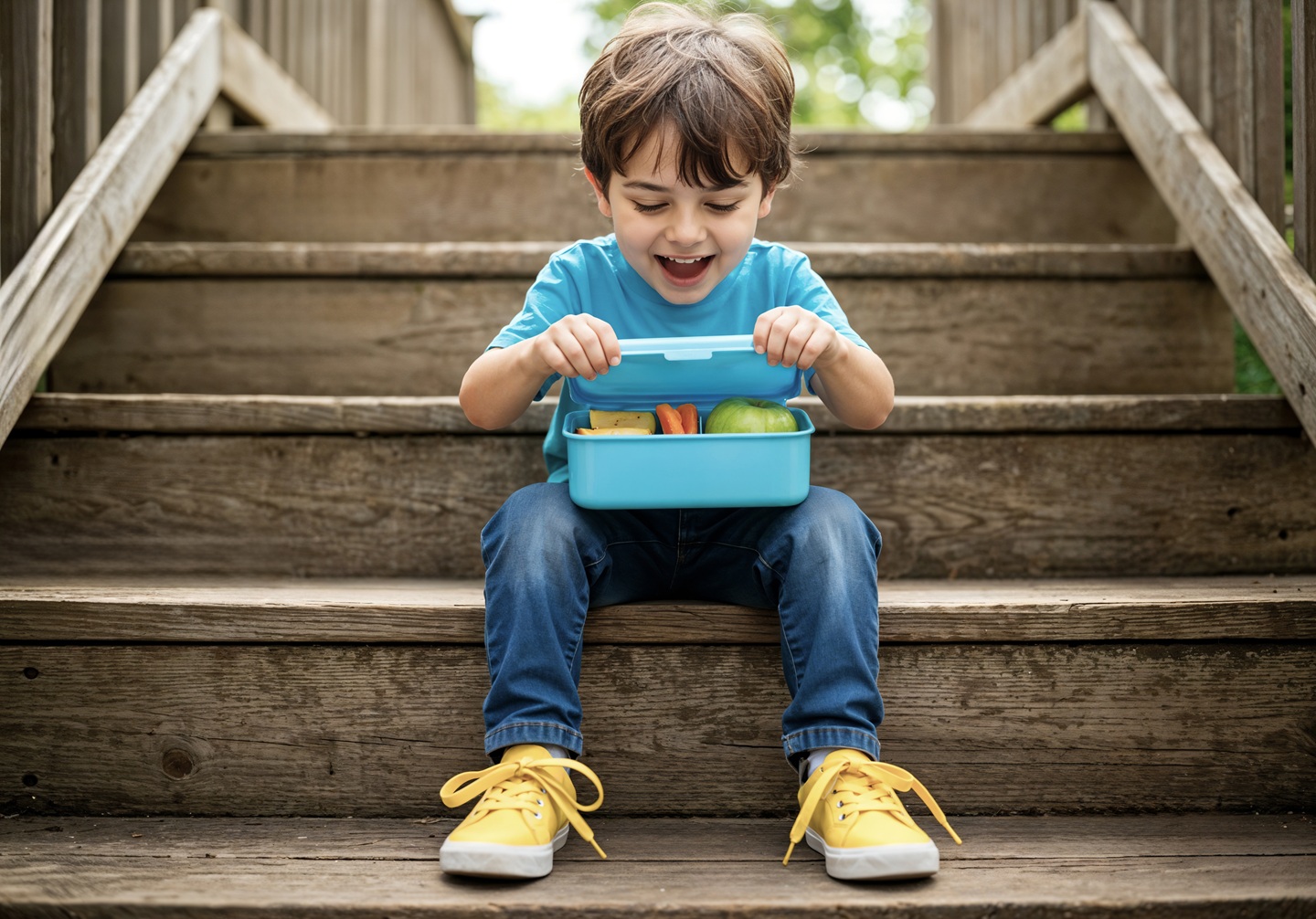Young child with brown hair sits on wooden steps, joyfully opening a blue lunchbox filled with colorful food, wearing a blue shirt and yellow shoes.