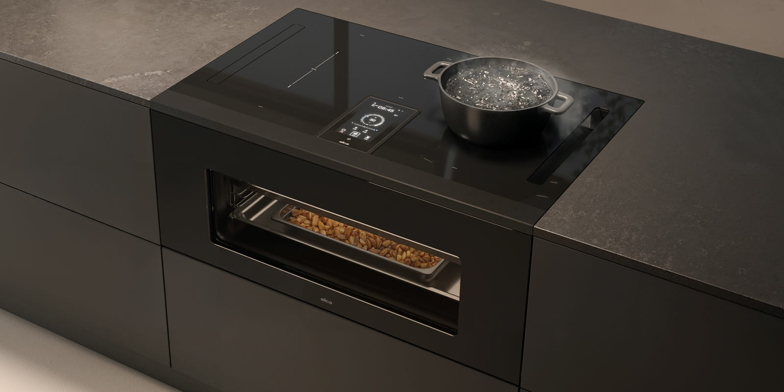 A modern black kitchen countertop with an integrated stovetop and oven. A pot is boiling on the stovetop. The oven below contains food baking.