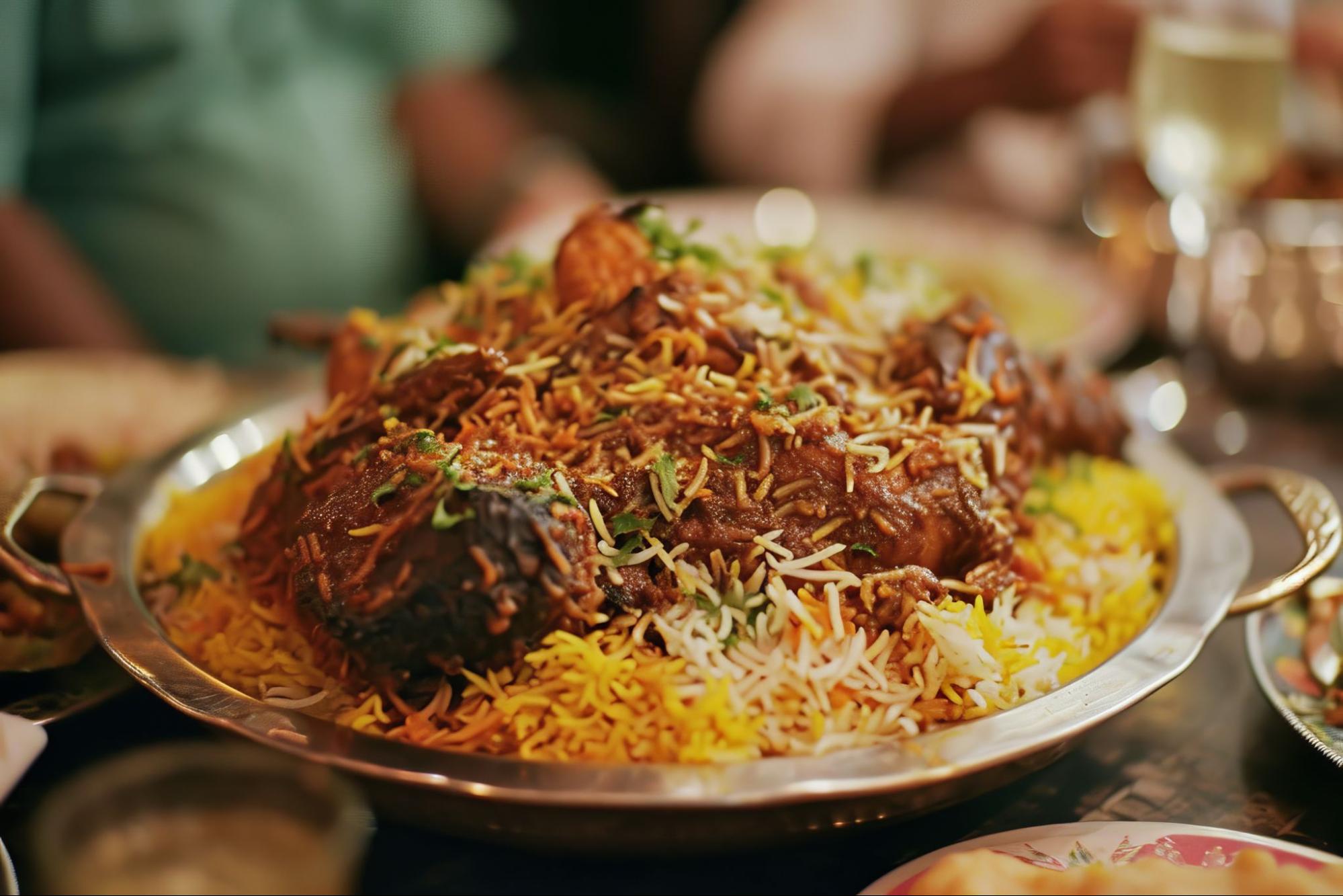 A steaming plate of Chicken Machboos served with spiced rice, garnished with herbs and fried onions.