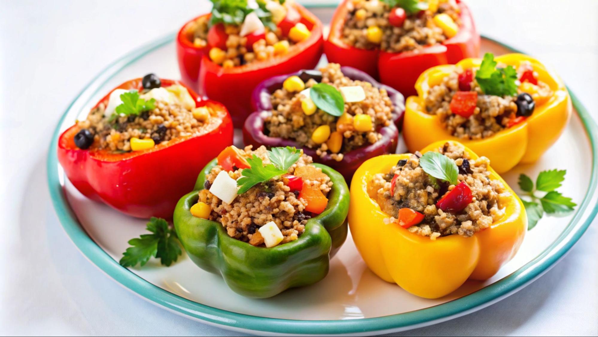 Colourful bell peppers stuffed with a savoury mix of rice, meat, and herbs, baked until tender and golden.