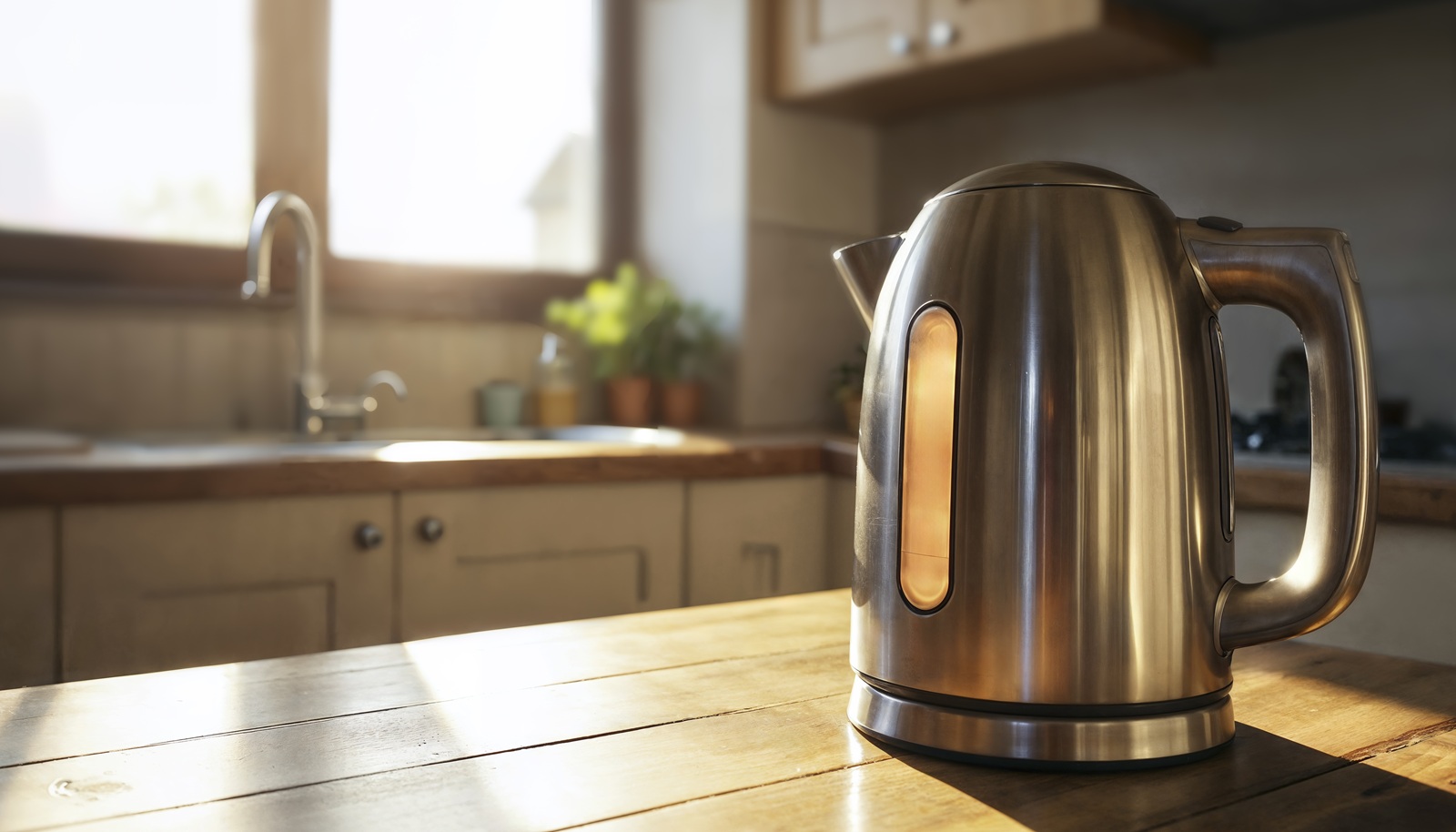 A stainless steel electric kettle sits on a wooden kitchen countertop, bathed in warm sunlight from the window. The room feels cozy and bright.