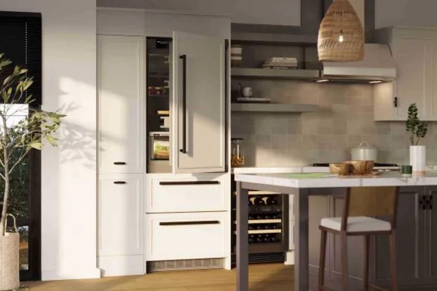 Modern kitchen with white cabinets, Liebherr ECBNe 7870 Built-In Fridge-Freezer, and wine cooler. Warm lighting, potted plant, and a rattan pendant light create a cozy atmosphere.
